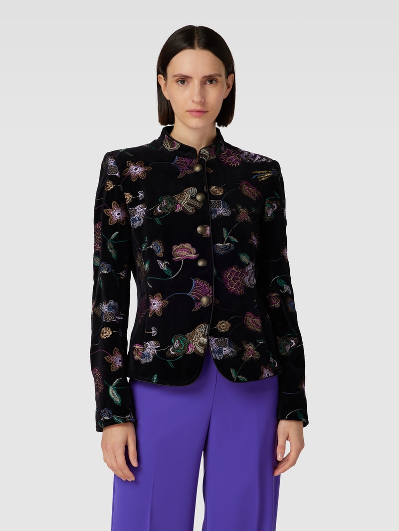 Blazer mit Stehkragen und floralem Stitching in schwarz