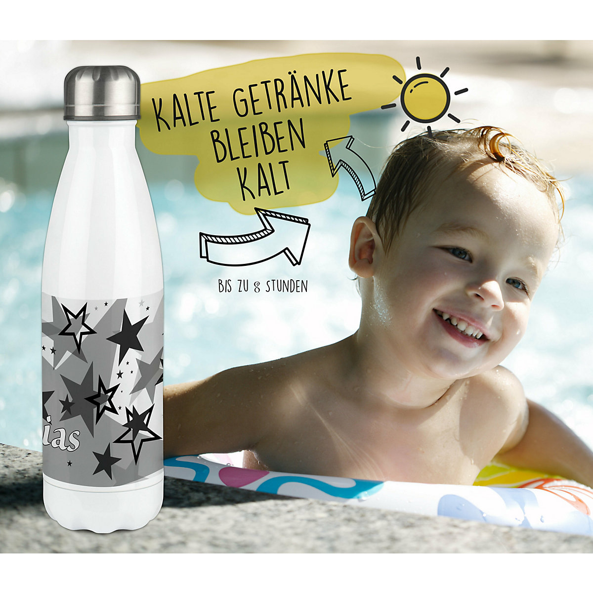 Edelstahl Kinder Thermoflasche / Trinkflasche bunt Sternenhimmel Farbe schwarz Spülmaschinenfest, Auslaufsicher, Bruchfest, Doppelwandig, Für Heißgetränke geeignet, Mit Deckel, Isoliert