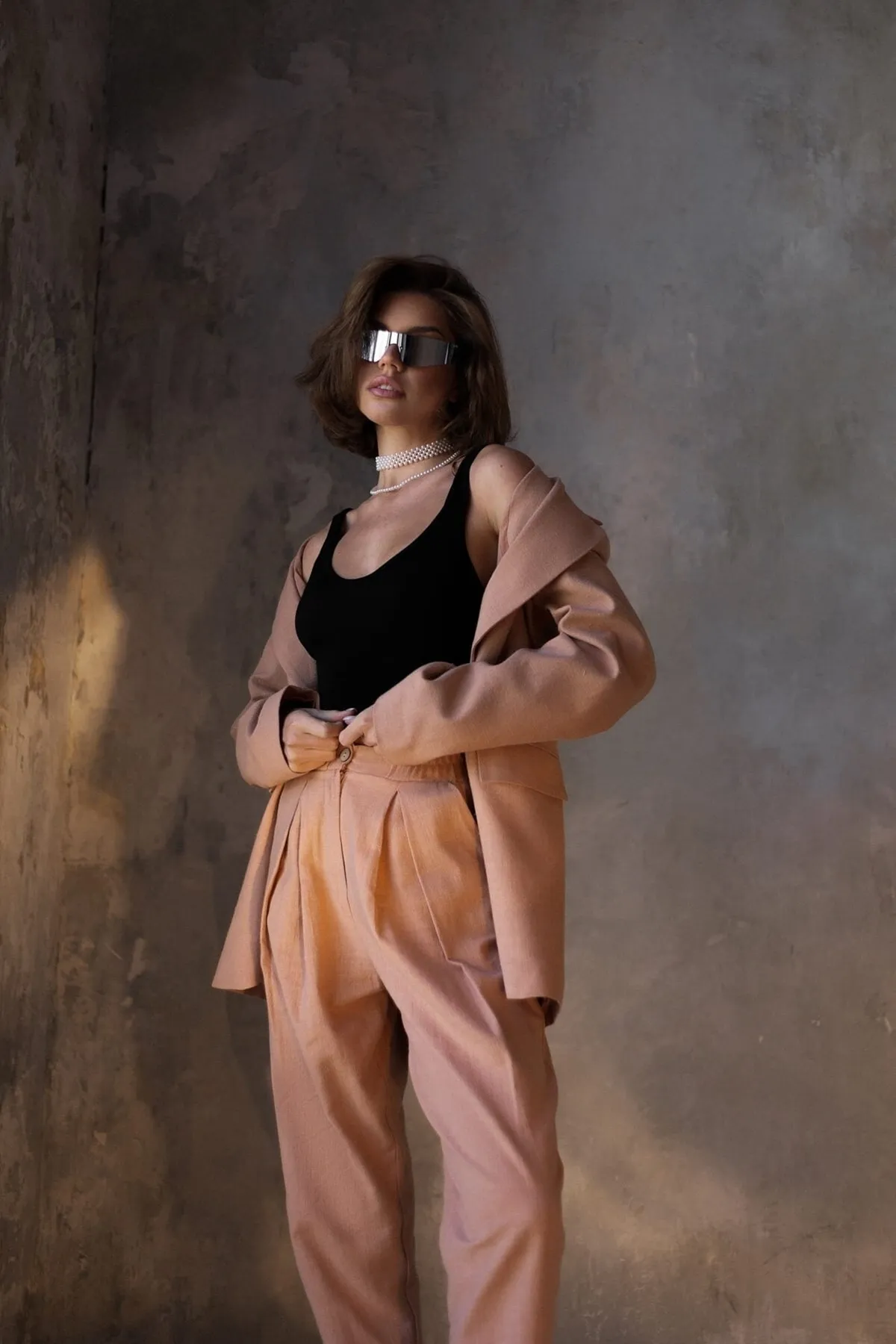 BOHEMAİ  Blazer-Jacken-Set aus lachsfarbenem Ponte-Leinen