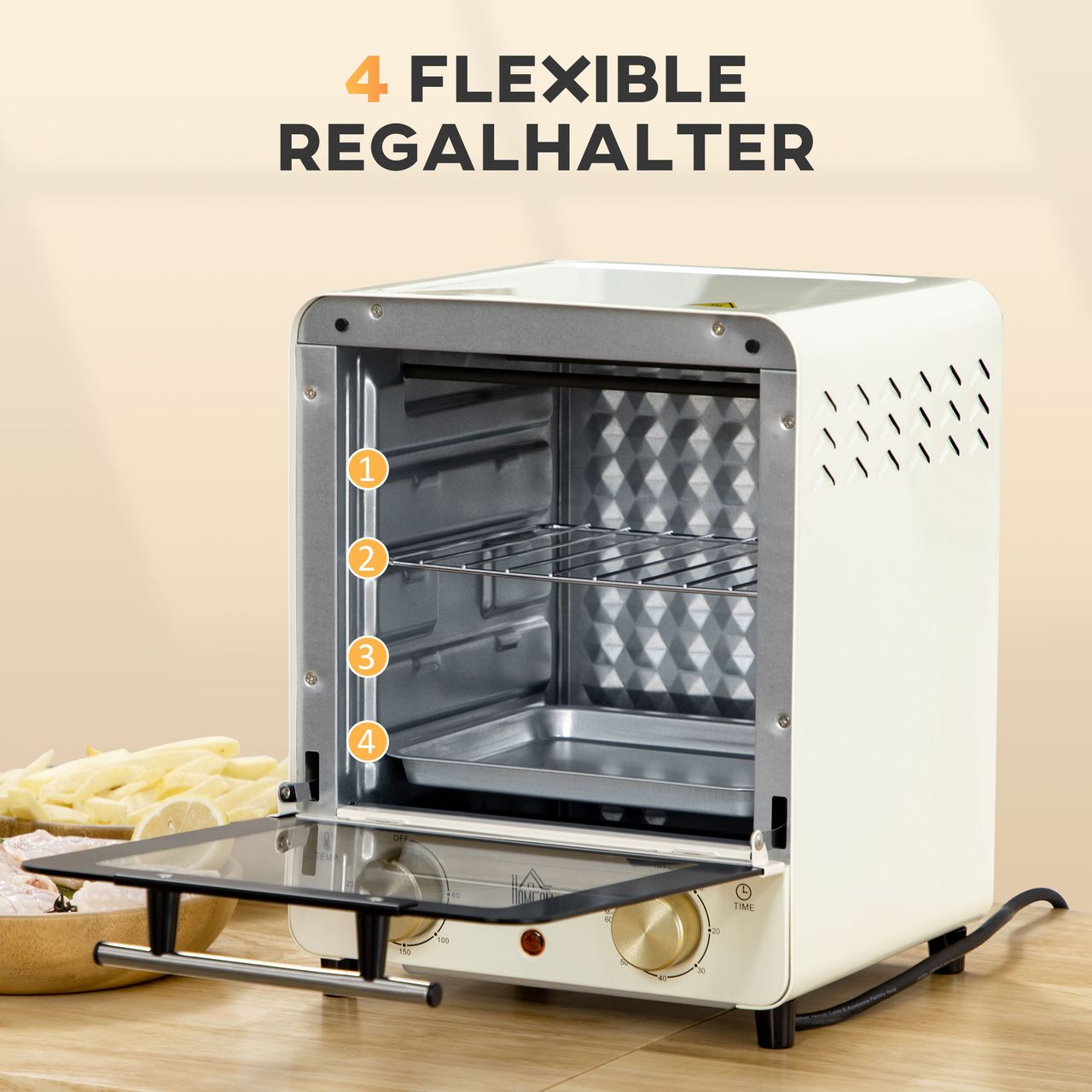 HOMCOM 15L Minibackofen mit Umluft, 1000 W Pizza-Ofen mit Timer, 60-230, Creme