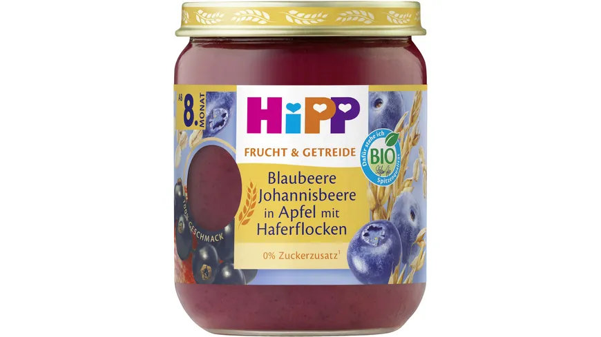 HiPP Bio Frucht und Getreide Blaubeere Johannisbeere in Apfel mit Haferflocken 160 g