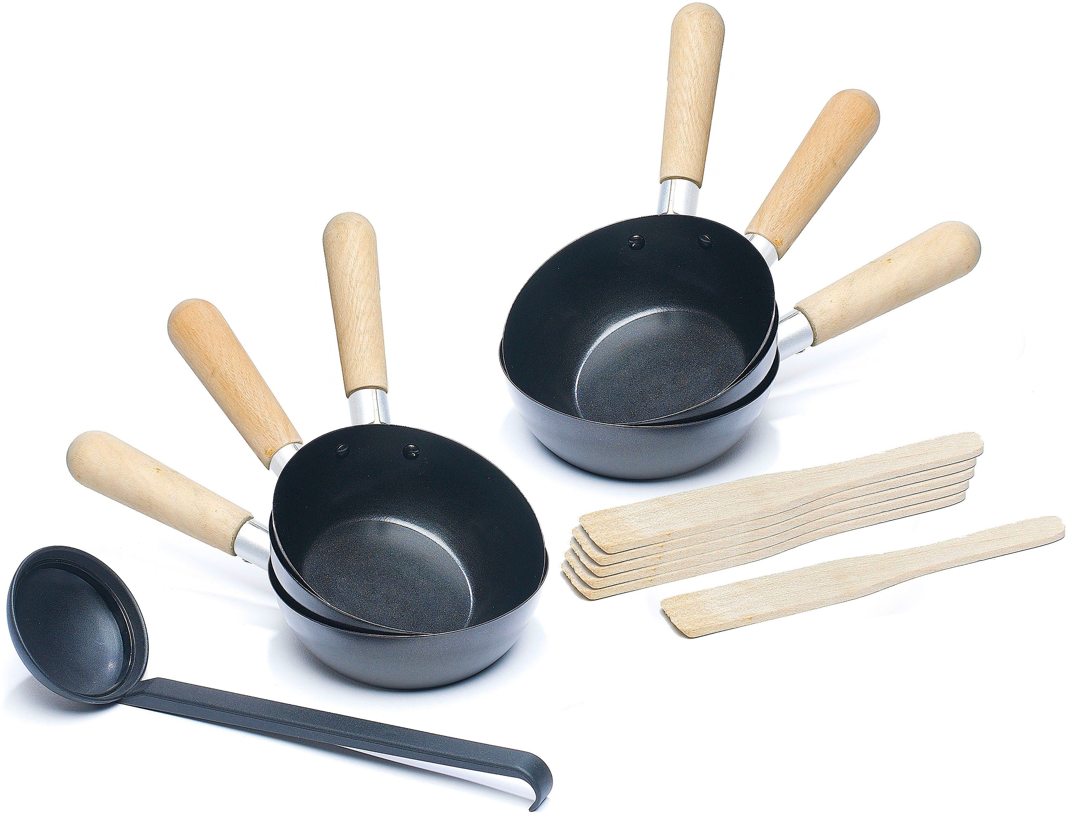 bestron Raclette AWS600, 6 Raclettepfännchen, 1000 W, Mini Wok Pfannen für 6 Personen, inkl. 6 Holzspatel & 1 Schöpflöffel