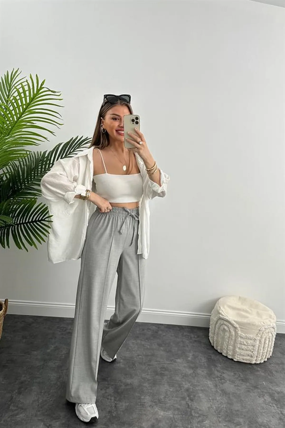 Laluvia  Hellgraue Hose mit hoher Taille und elastischem Bund vorne