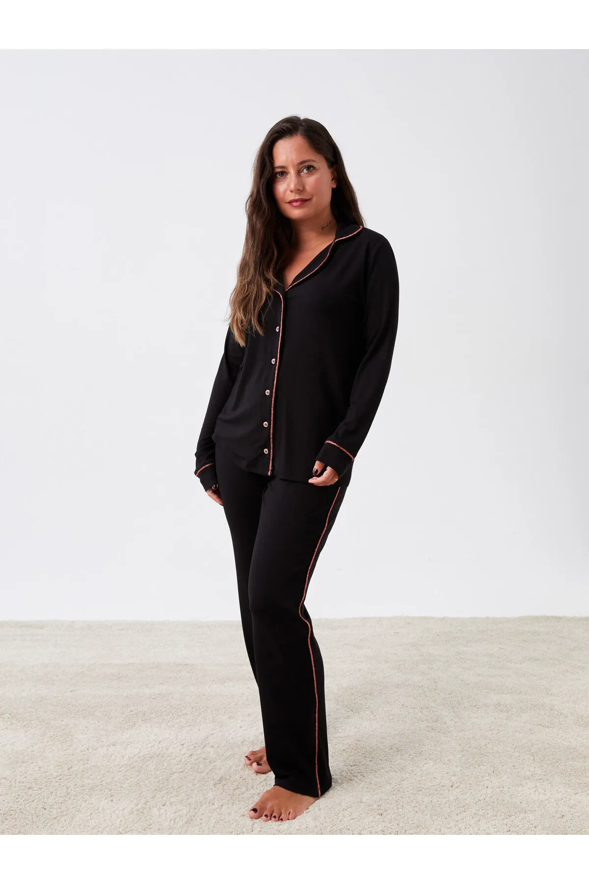 LC Waikiki  Petite-Damenpyjama-Set mit Hemdkragen, einfarbig und langärmlig