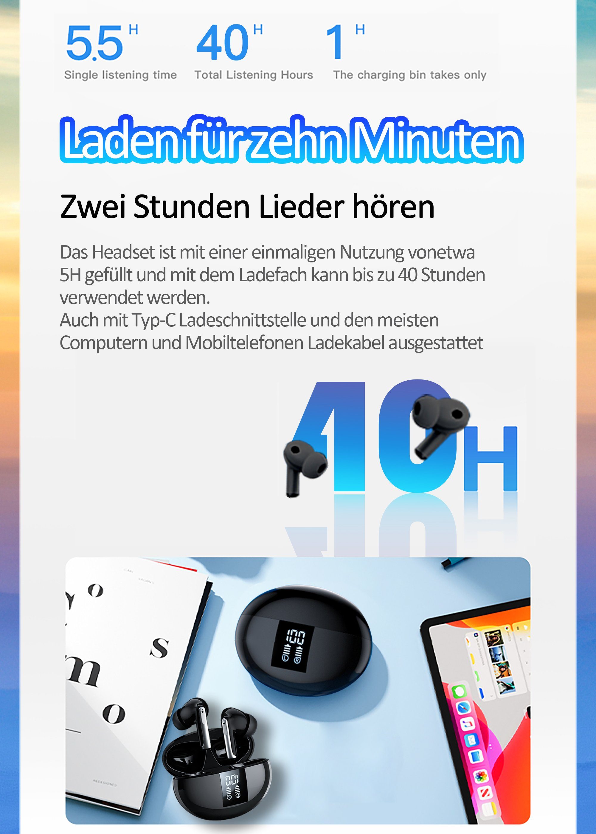 KUGI Bluetooth Kopfhörer in Ear mit Mikrofon Bluetooth 5.3 LED Anzeige In-Ear-Kopfhörer (Stereoklang Ohrhörer mit Smart Touch für iOS Andriod, Kopfhörer Kabellos ENC Noise Cancelling, Earbuds Sport Kopfhörer Bluetooth, True-Wireless Rauschunterdrücku
