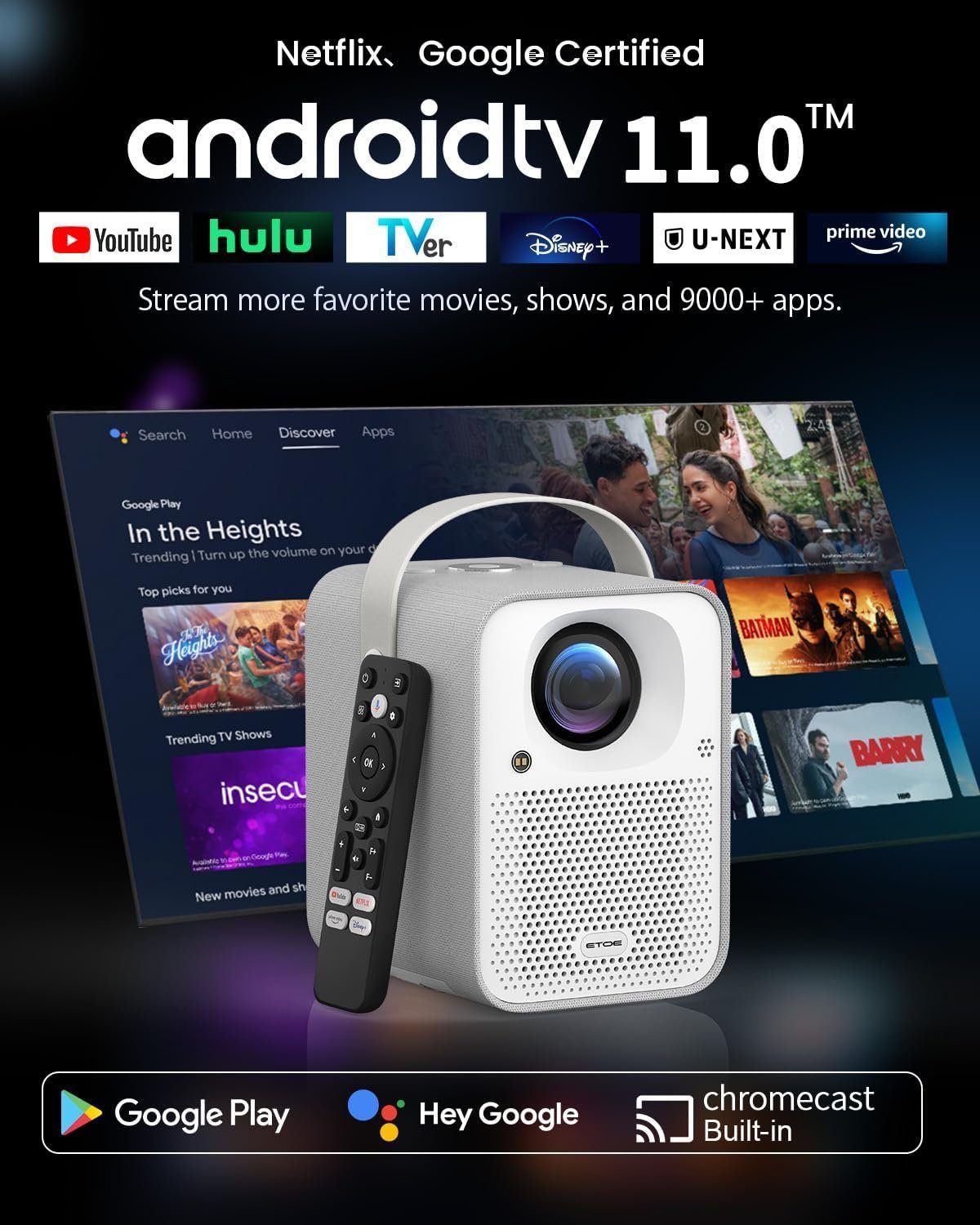 ETOE 500 ANSI-Lumen Android 11.0 4K Unterstützter Videoprojektor mit ESPN Portabler Projektor (500 lm, 1080P px, Prime Video, YouTube, 5G Wi-Fi & Bluetooth, Kompatibel mit iOS/Android)