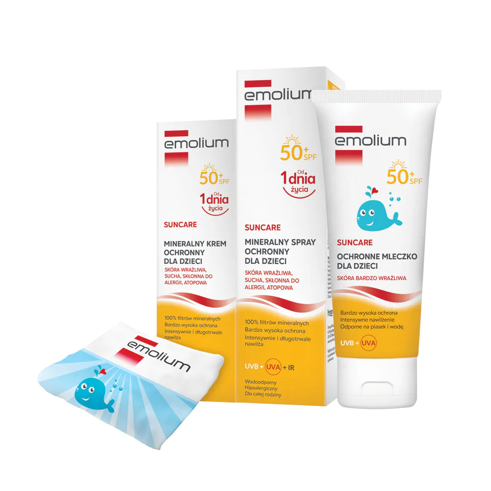 Емолиум сет за заштиту од сунца, крема SPF50 + спреј SPF5 + млеко за бебе + пешкир