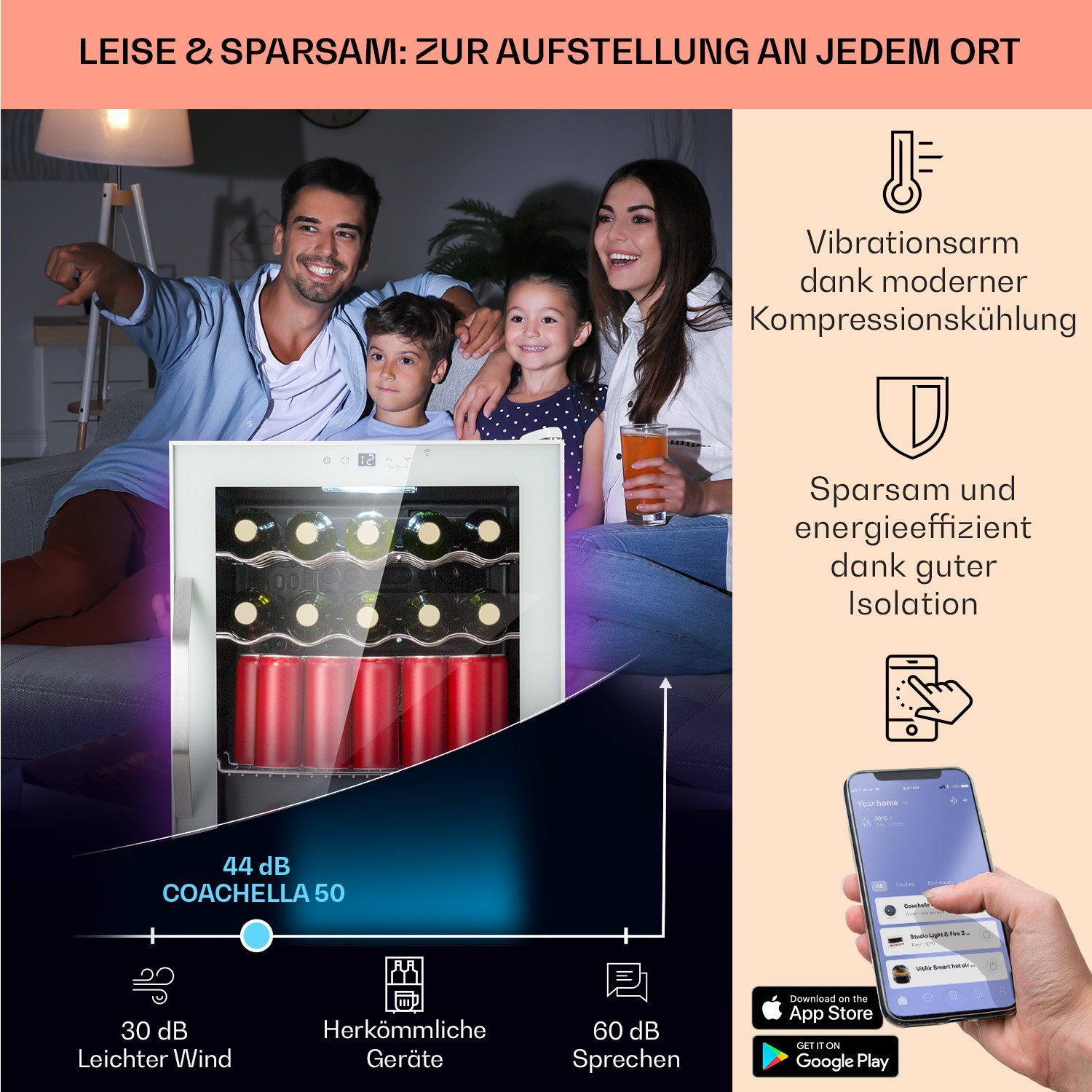 Klarstein Getränkekühlschrank HEA-Coachella 60-wh 10045042, 47 cm hoch, 63.6 cm breit, Bierkühlschrank Getränkekühlschrank Flaschenkühlschrank mit Glastür