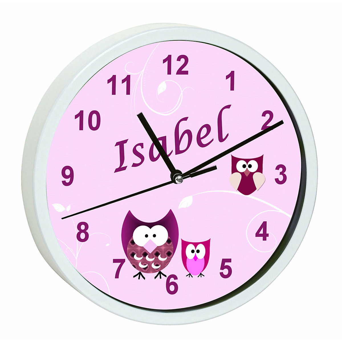 Kinder Wanduhr laufruhig personalisiert mit Name Eule Rosa