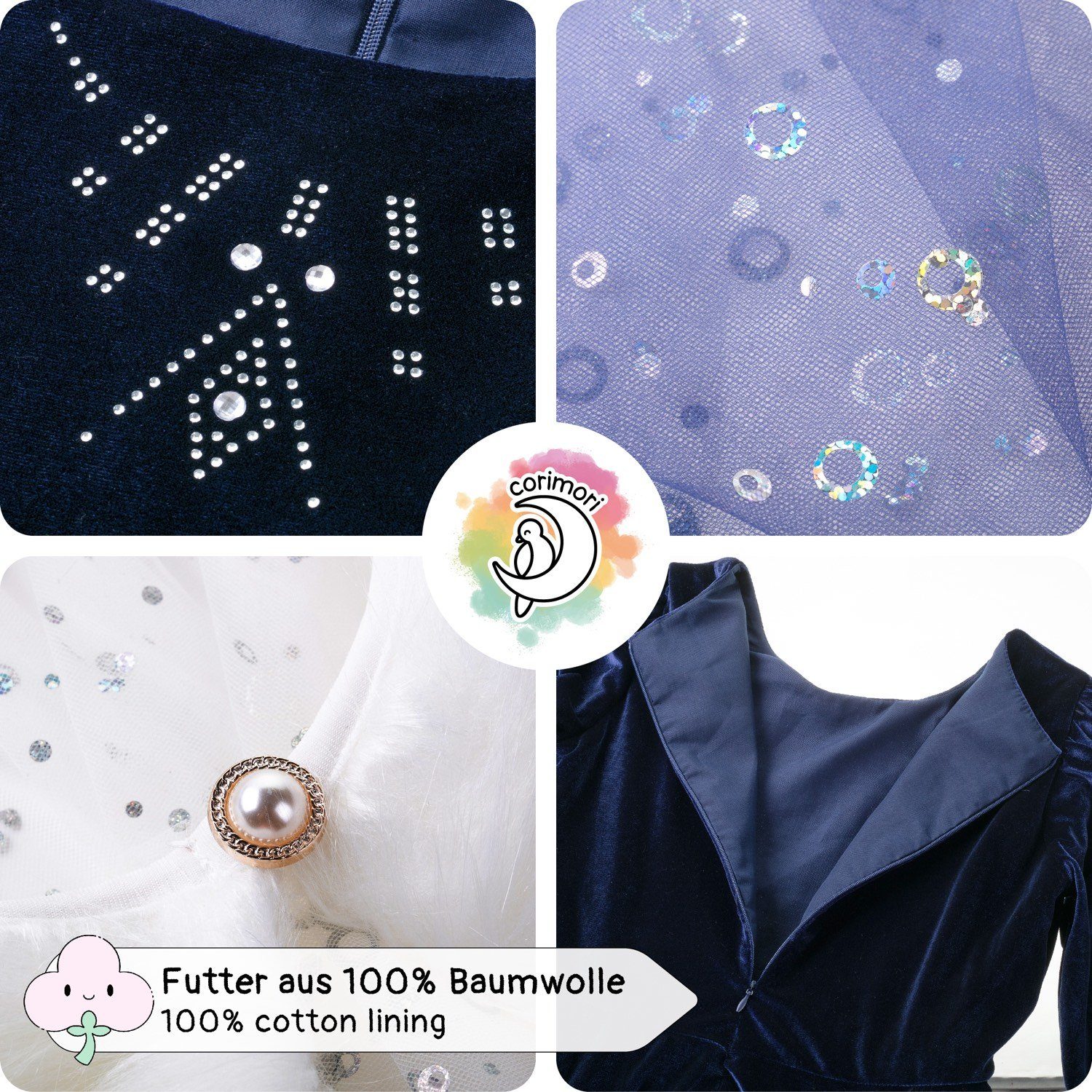 Corimori Prinzessin-Kostüm Elastisches Stella Eiskönigin Kostüm Kleid, mit Tattoos & Diadem, Prinzessinenkleid für Fasching, dunkel-blau