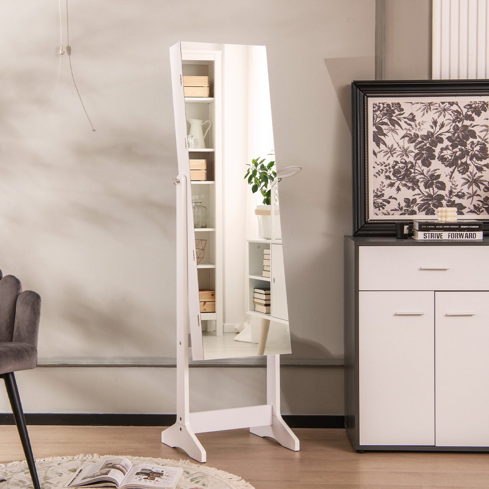 COSTWAY Schmuckschrank stehend, mit Spiegel & LED, abschließbar, weiß, 156 cm