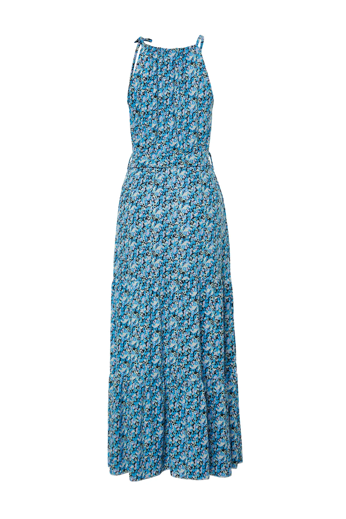 Trendyol Collection  Blaues geblümtes Skater-/Taillen-Neckholder-Maxikleid mit geripptem, dehnbarem Strick TWOSS24EL00418