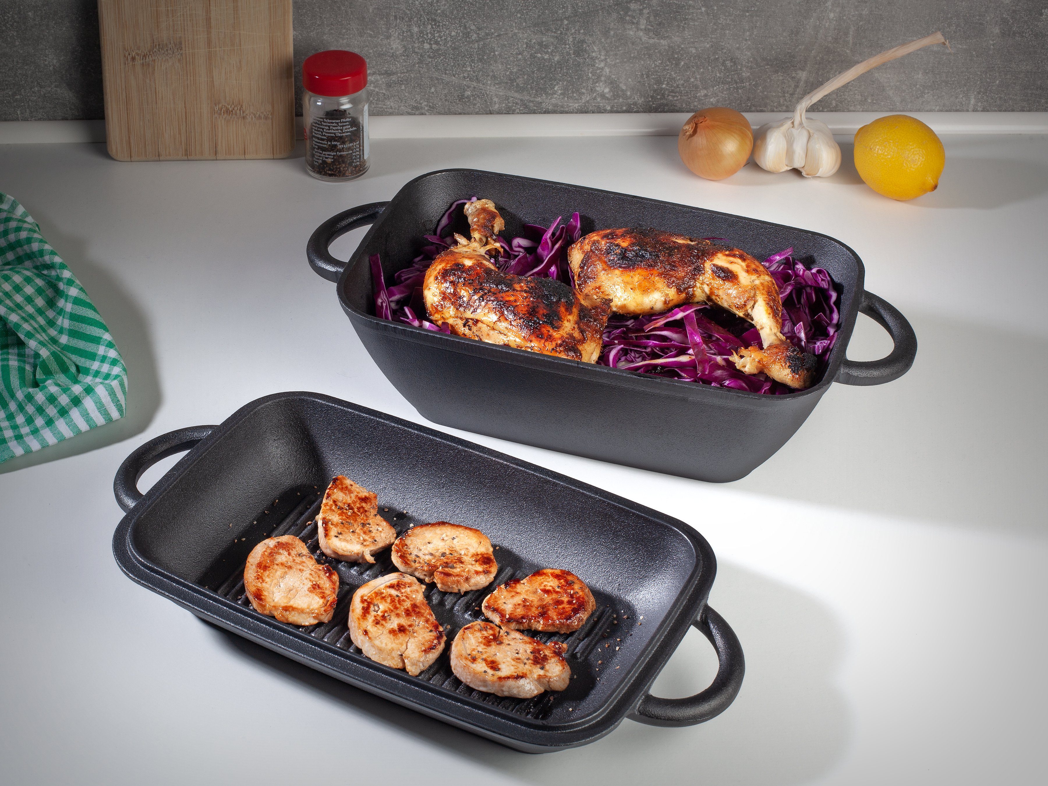 Hanseküche Grilltopf Gusseisen Bräter – Eingebrannter 2in1 Topf mit Deckel, Gusseisen (2in1 Bräter, 1-tlg., Topf und Deckel), Induktionsgeeignet, Temperaturbeständig