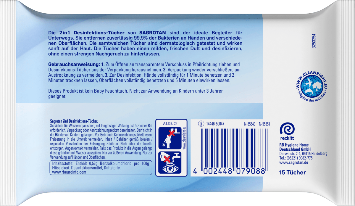 Desinfektionstücher 2in1 für Unterwegs, 15 St