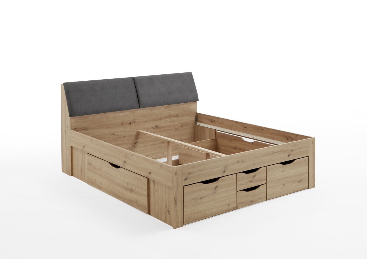 Relita Funktionsbett Maxi 180 x 200 cm, ohne Lattenrost mit 6 Bettschubladen und Stauraum-Polster-Kopfteil Eiche Artisan Dekor