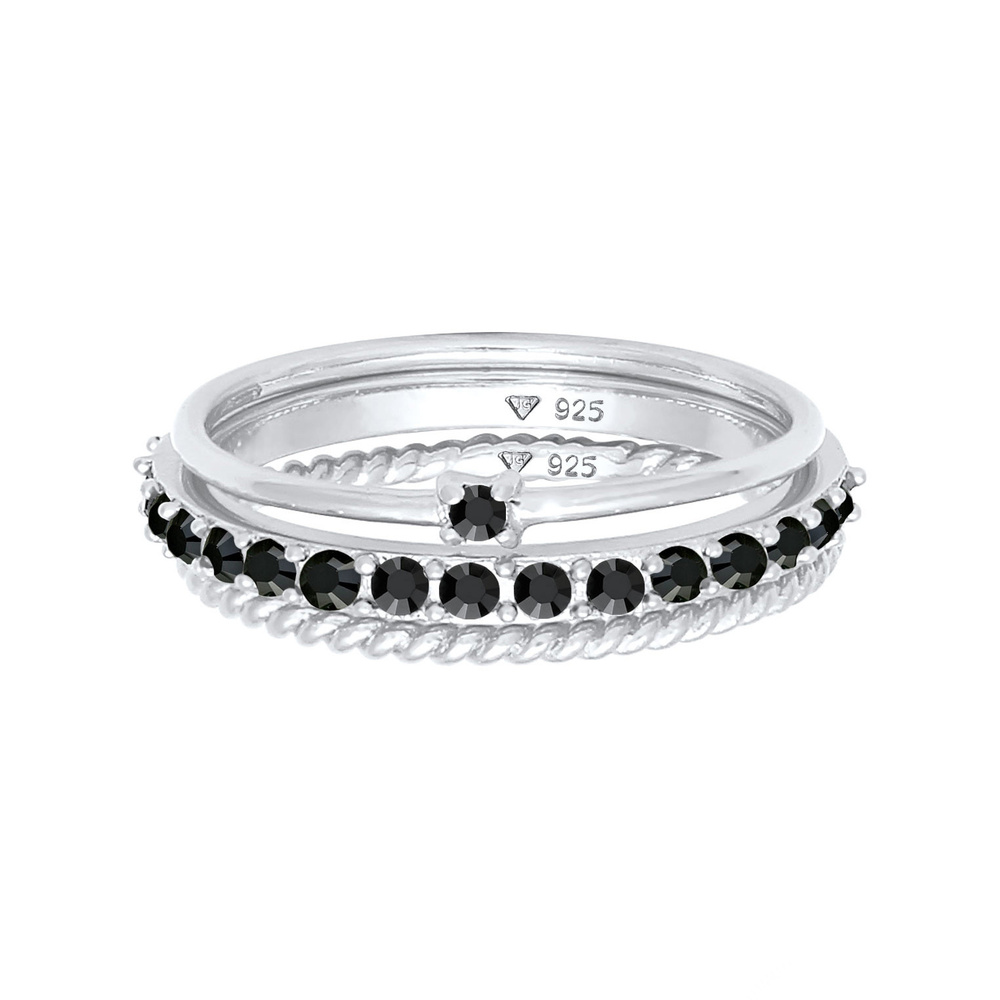 Elli Elli Bague Femmes Pile Set Élégante Solitaire Torsadé Tendance avec Cristaux Noir Bague