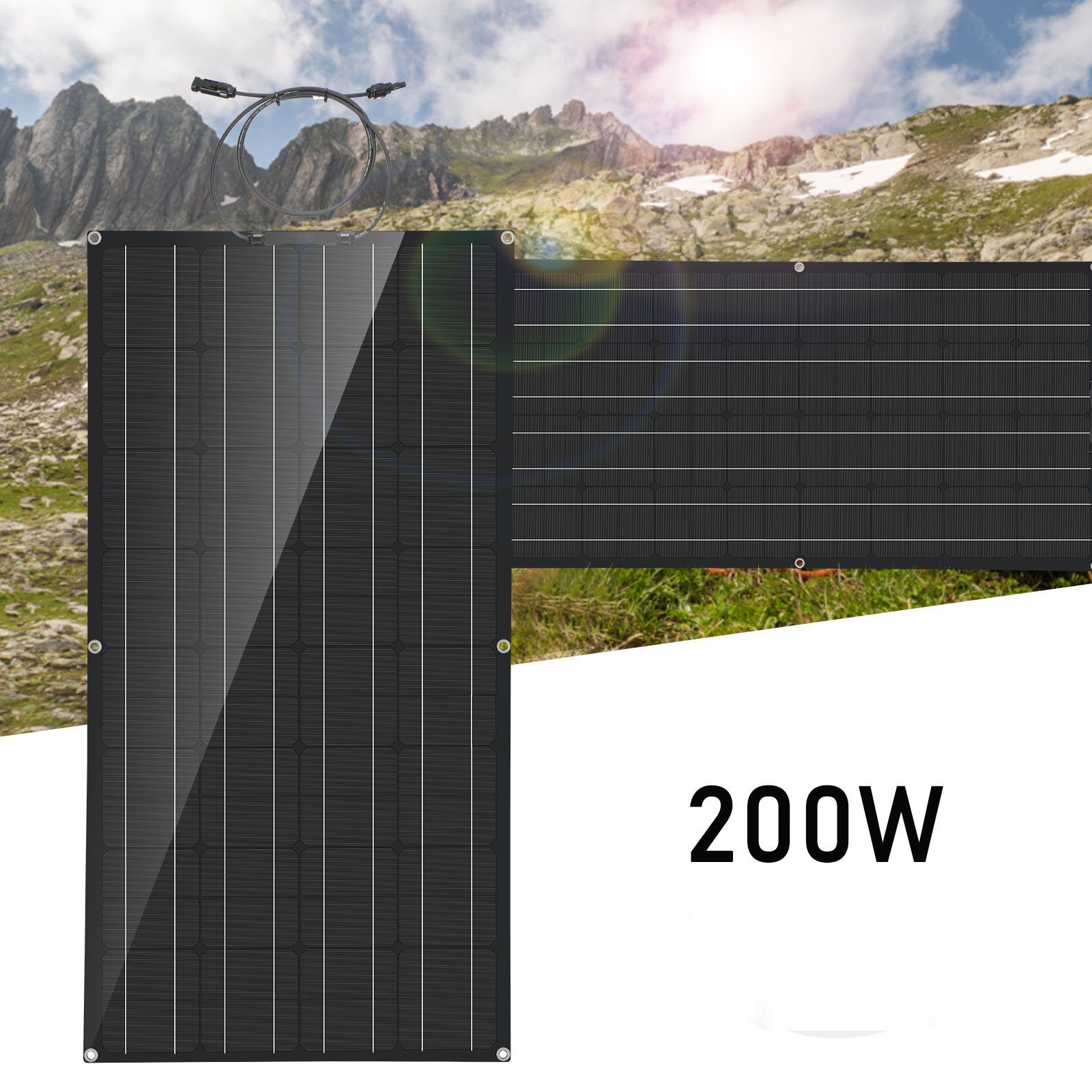 LETGOSPT Solarmodul 200W 18V Solarpanel Monokristallin Solarmodul Solargenerator, Biegbar, 2x 100W Solaranlage Balkonkraftwerk, IP68 Wasserdichte für Auto Boot