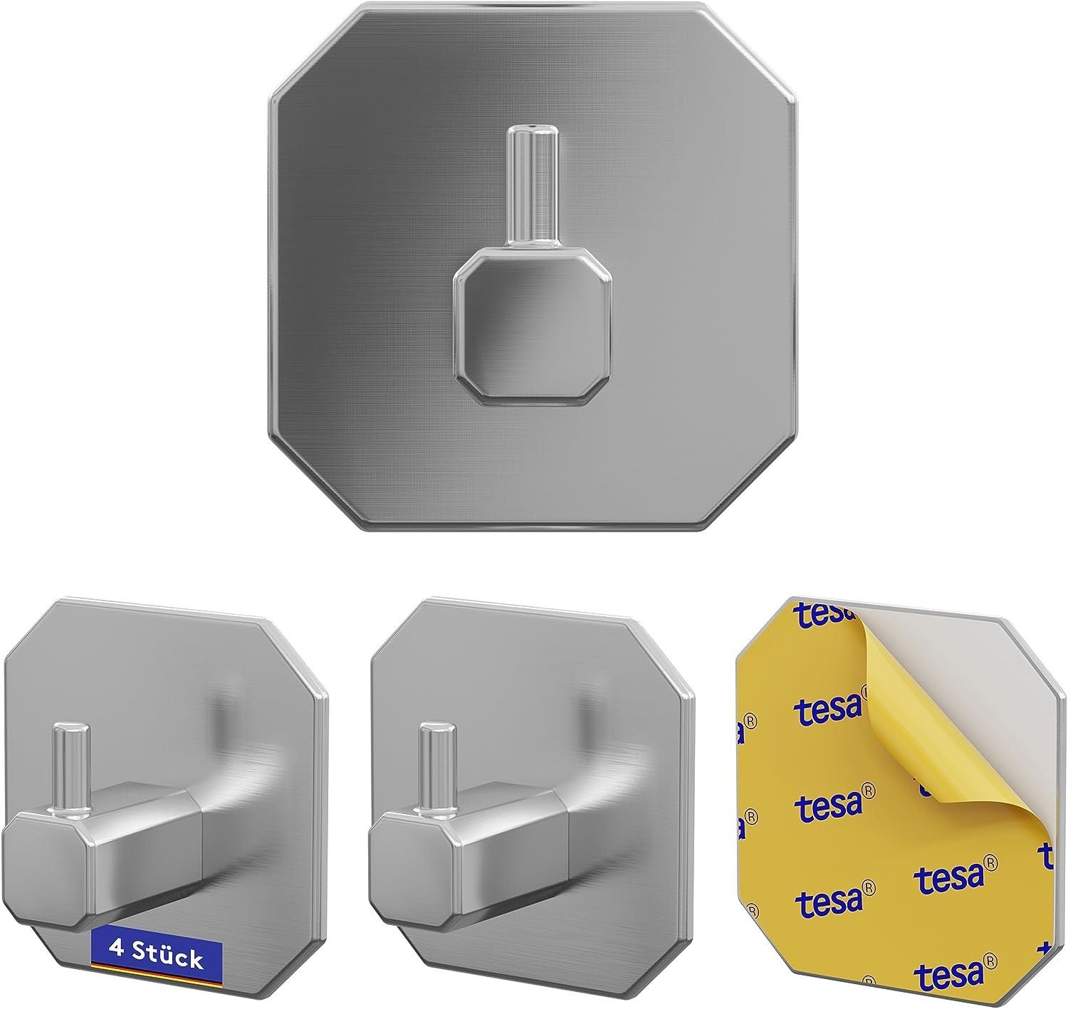 LIEBHEIM Handtuchhaken ohne Bohren - TESA Montage für optimalen Halt Klebehaken 4x Edelstahl