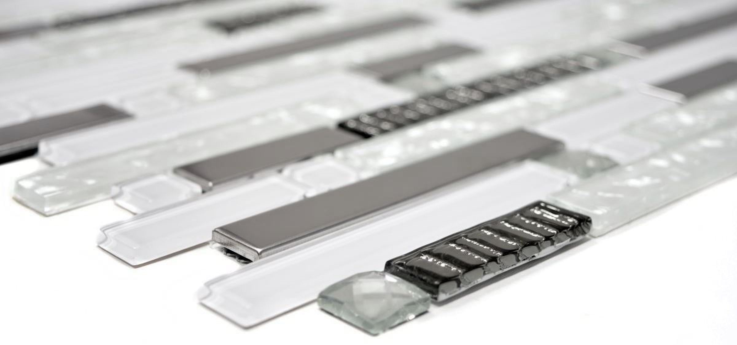 Mosani Mosaikfliesen Glasmosaik Stäbchen Edelstahl silber weiss