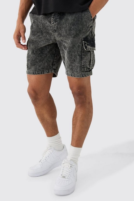 Schwarz Cord-Cargoshorts mit Acid-Waschung und elastischem Bund