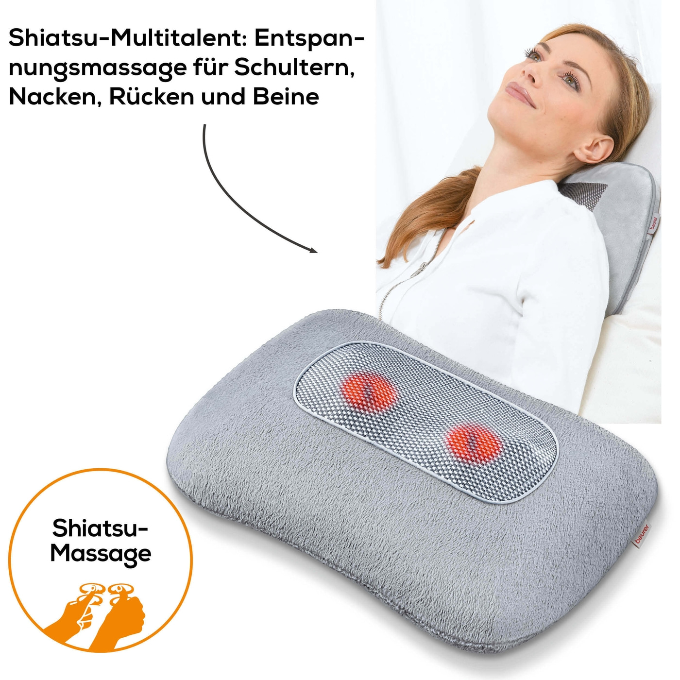 Beurer Shiatsu-Massagekissen MG 145-Fixierbares Flauschfaser-Massagekissen mit Shiatsu-Massage & Wärmefunktion