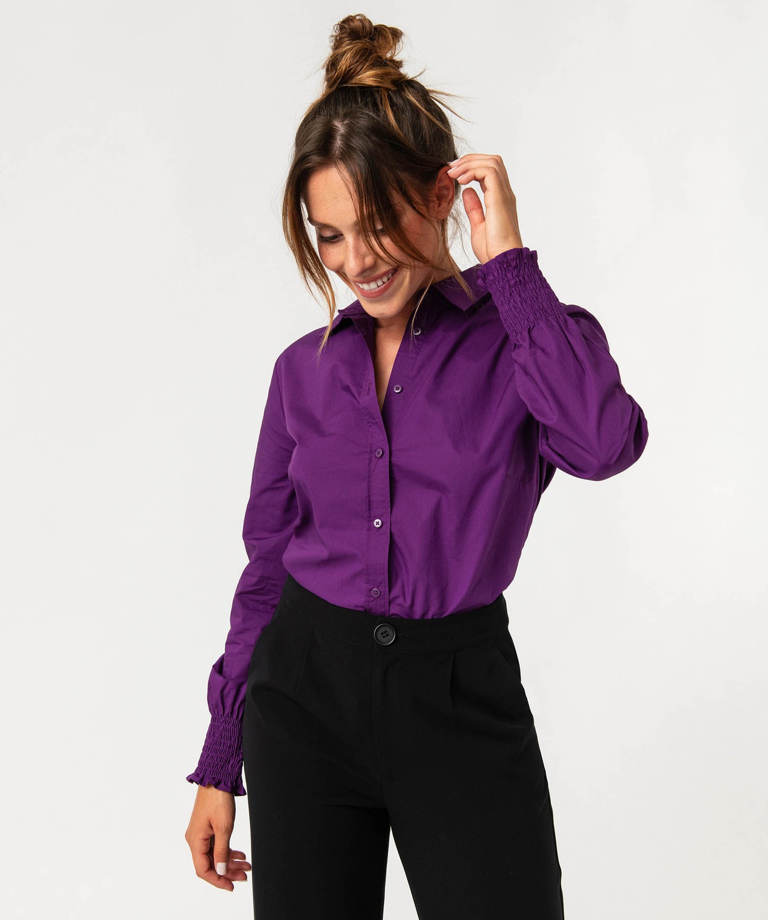 Chemise à manches longues avec poignets smockés femme violet | GEMO
