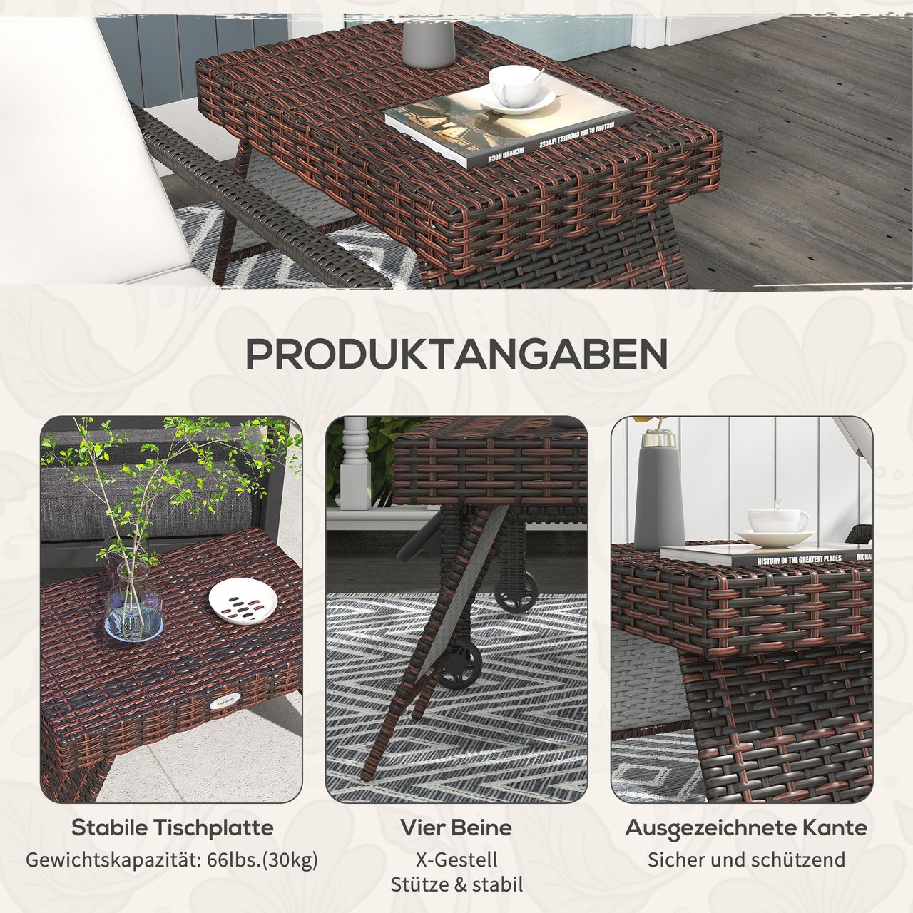 Outsunny Rattan Beistelltisch Gartentisch Klapptisch wetterfester Campingtisch