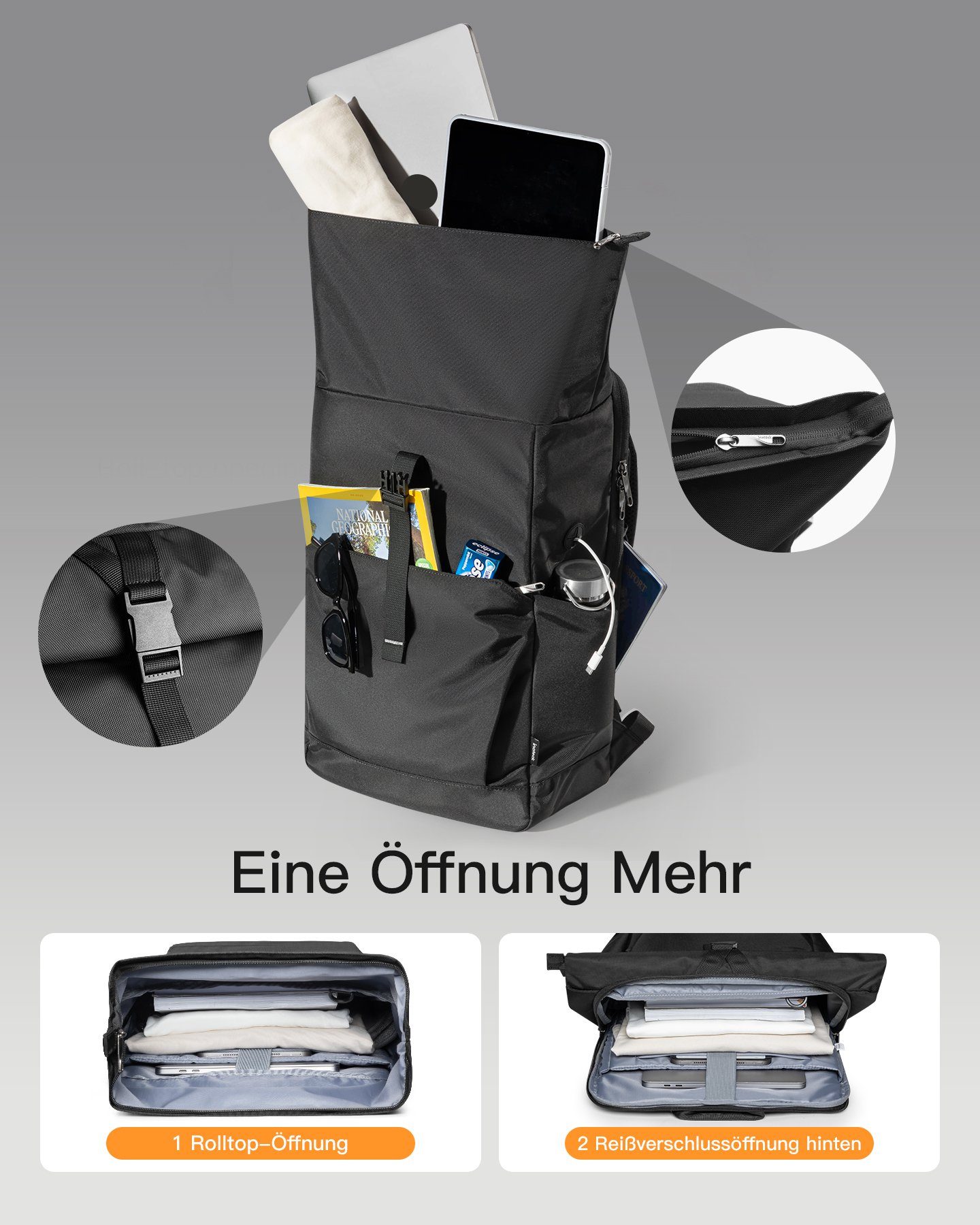 Inateck Laptoprucksack RollTop Rucksack 25L-30L, Tagesrucksack kompatibel mit 17 Zoll Laptops, mit Kopfhörer-/Ladeanschluss und separatem Schuhfach