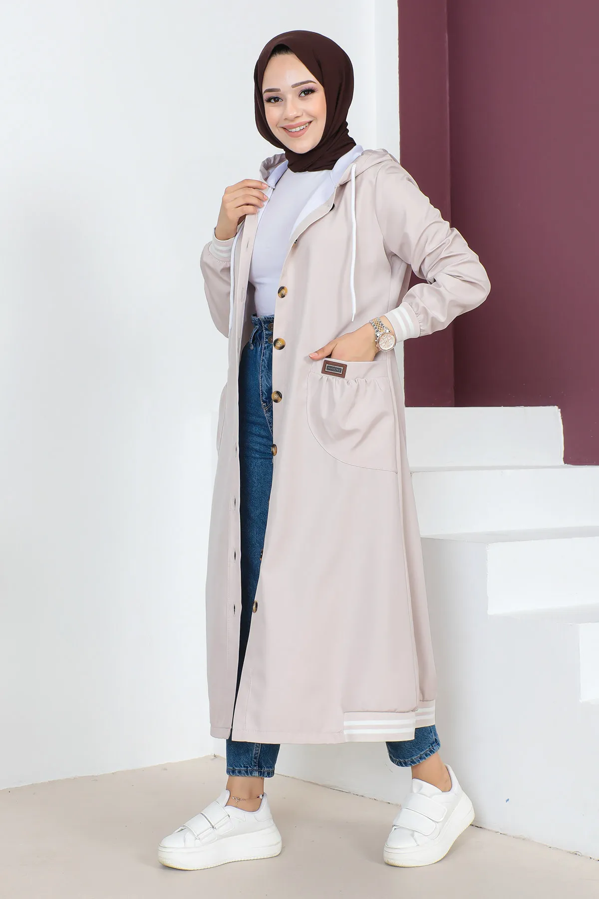 Tesettür Dünyası  Gerippter Trenchcoat TSD230638 Beige