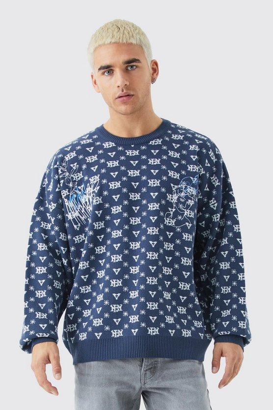 Oversize Strick-Pullover mit Print