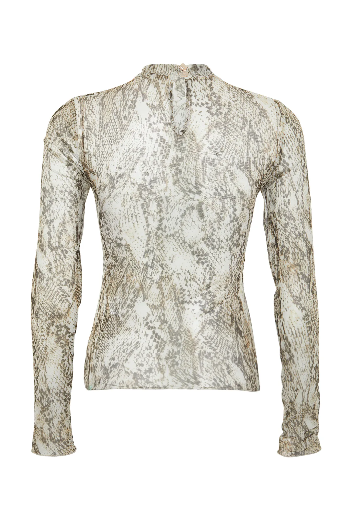 Trendyol Collection  Khakifarbene, gemusterte, drapierte, durchsichtige, figurbetonte Tüll-Strickbluse am Rücken TWOAW24BZ00177