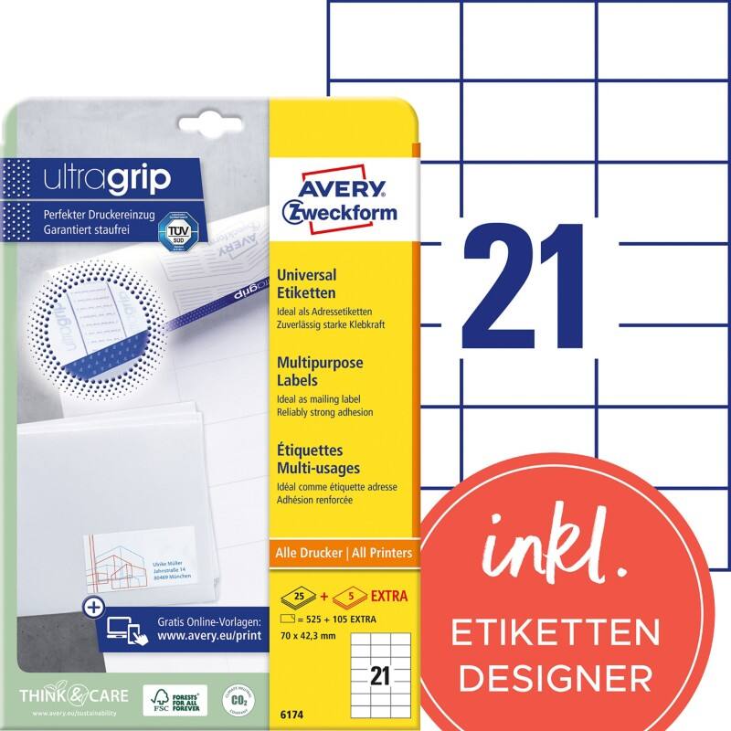 AVERY Zweckform ultragrip Universaletiketten 6174 Selbsthaftend DIN A4 Weiß 7 x 4,23 cm 30 Blatt à 21 Etiketten