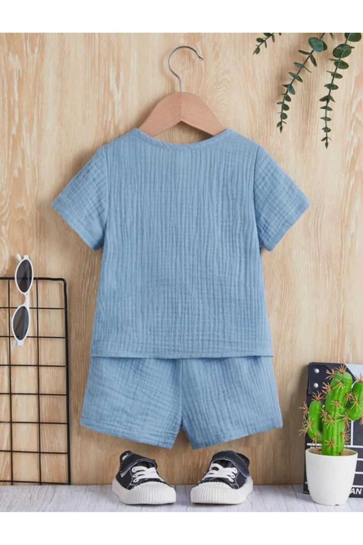 Bubito  Unisex-Set mit geknöpften Musselin-Unterhosen und Shorts aus 100 % Baumwolle für Babys und Kinder, Blau
