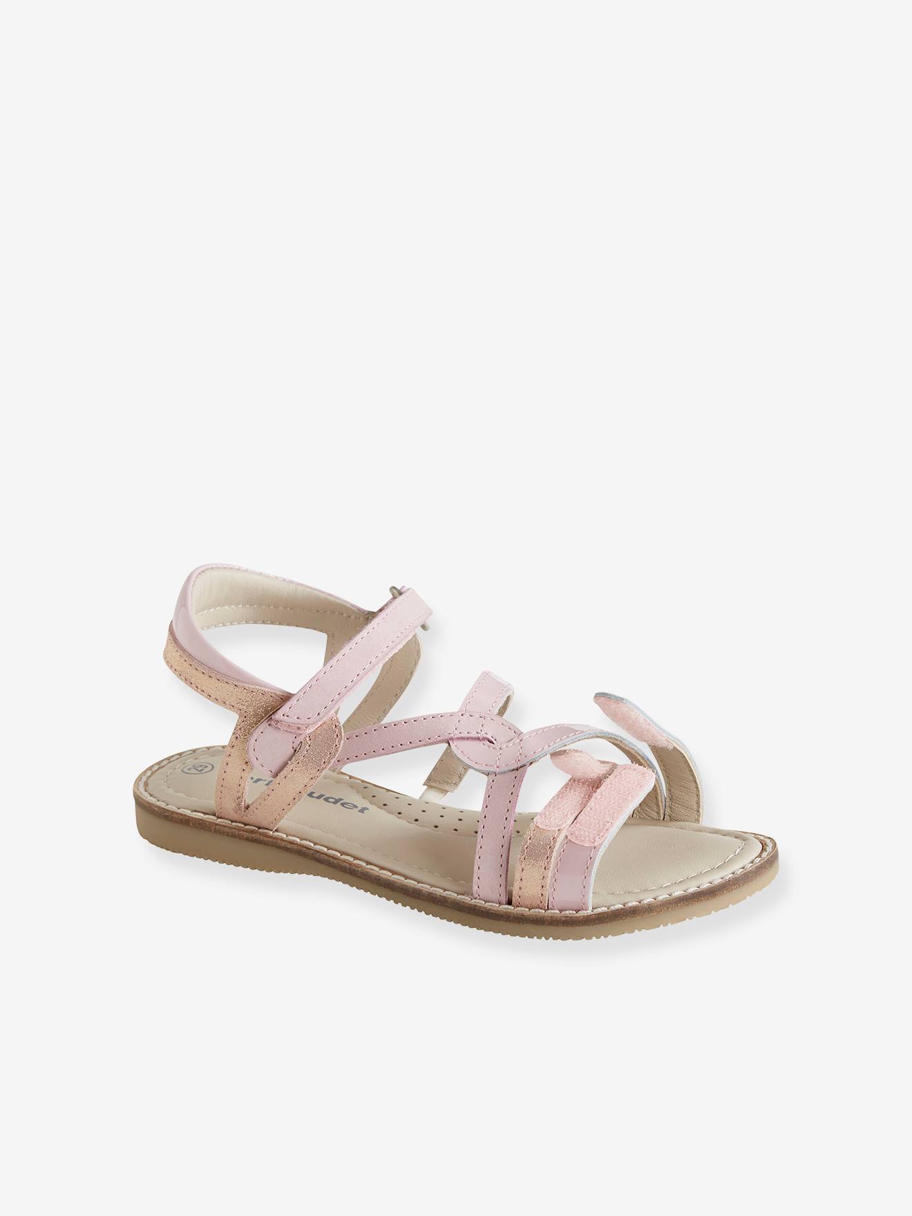 Sandales scratchées en cuir fille collection maternelle rose métallisé