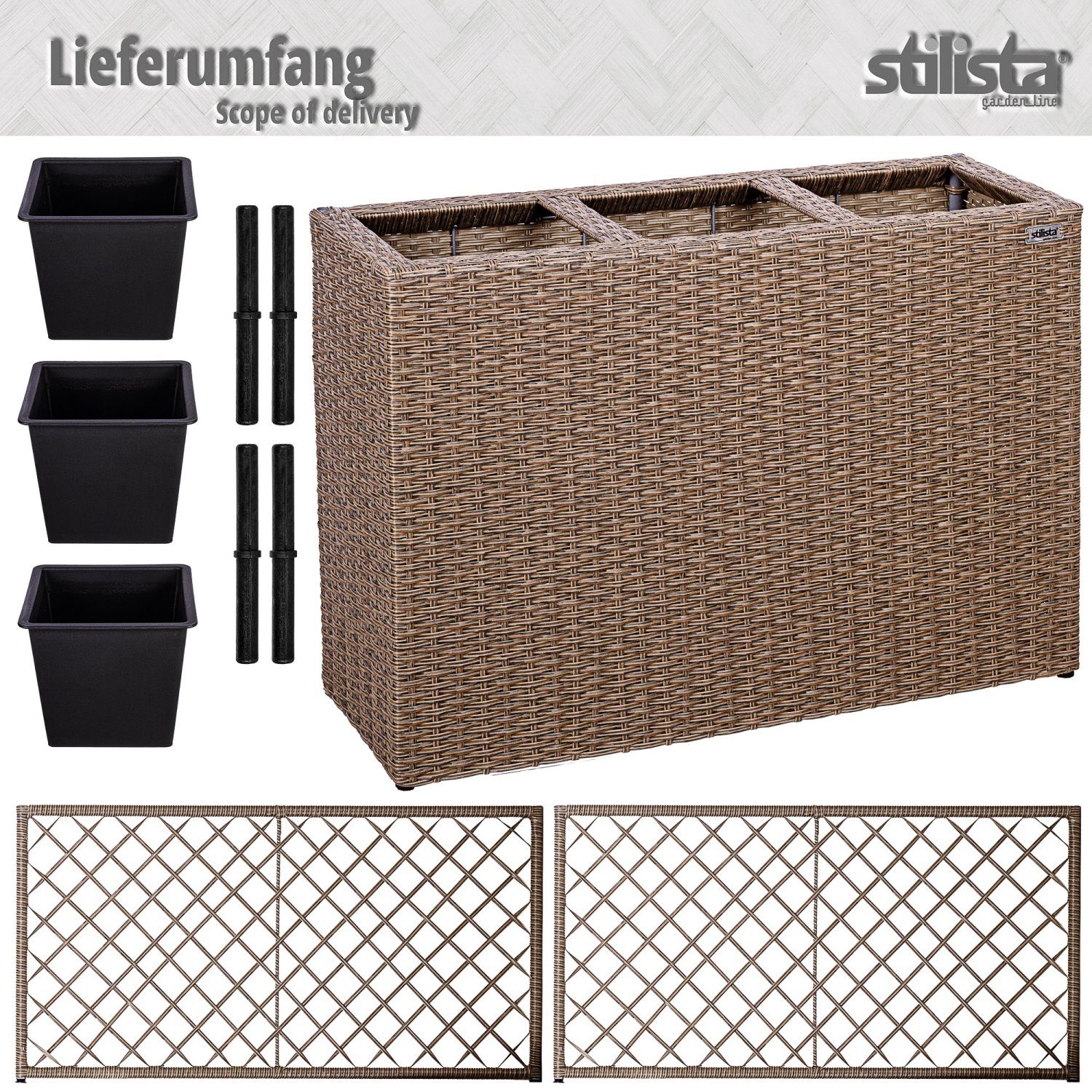 STILISTA Pflanzkübel Polyrattan Pflanzkasten Blumentopf Blumenkasten, 130 x 84 x 29 cm, 3 herausnehmbare Innentöpfe, Rankgitter, Farbwahl