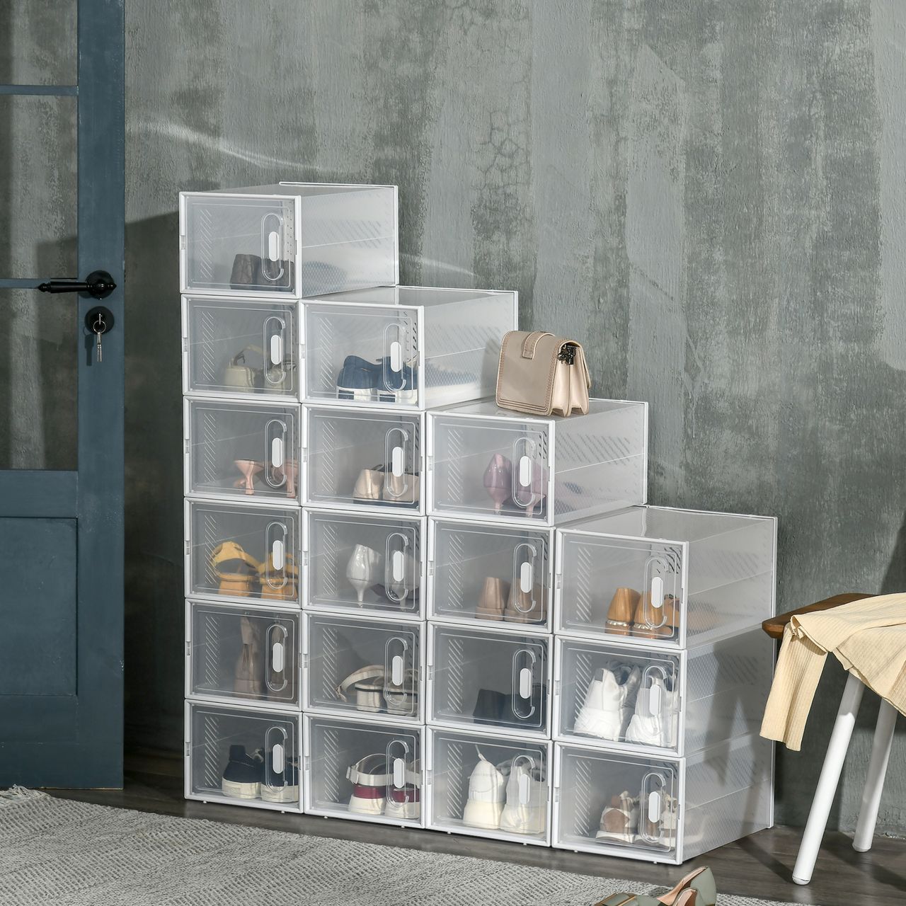 HOMCOM DIY Schuhbox Schuhkartons mit 8 Fächern Aufbewahrungsbox Transparent