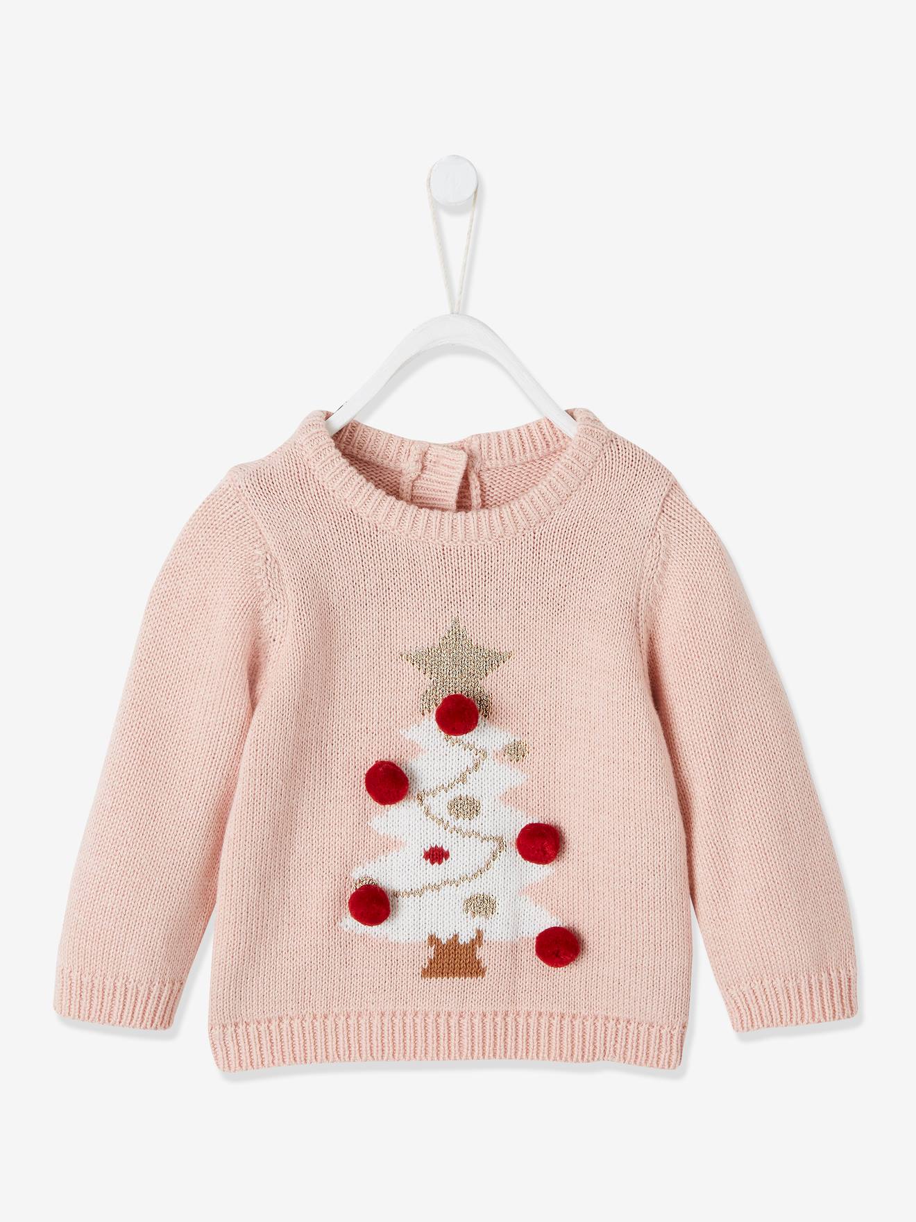 Pull de Noël bébé sapin et pompons rose pâle