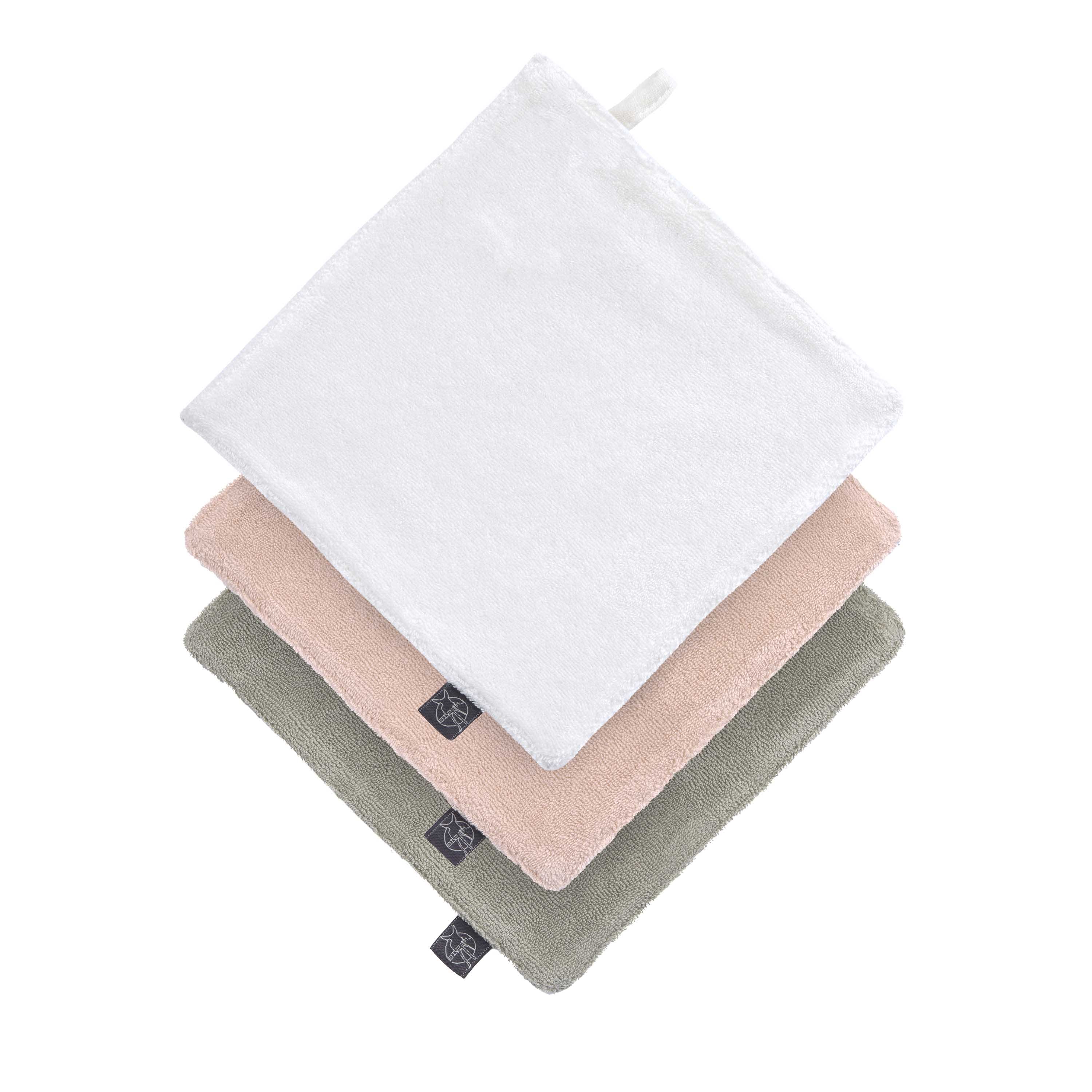 Mull Waschlappen Baby 3er Set, Weiß Rosa Oliv
