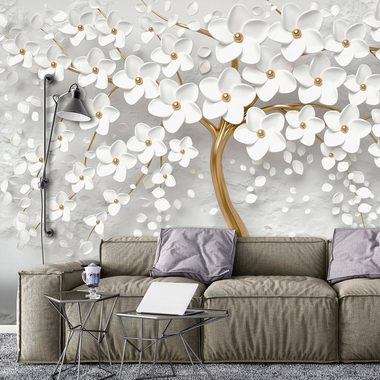 Consalnet Vliestapete 3D Baum mit Blumen, botanisch, abstrakt, modern, fototapete für Wohnzimmer oder Schlafzimmer