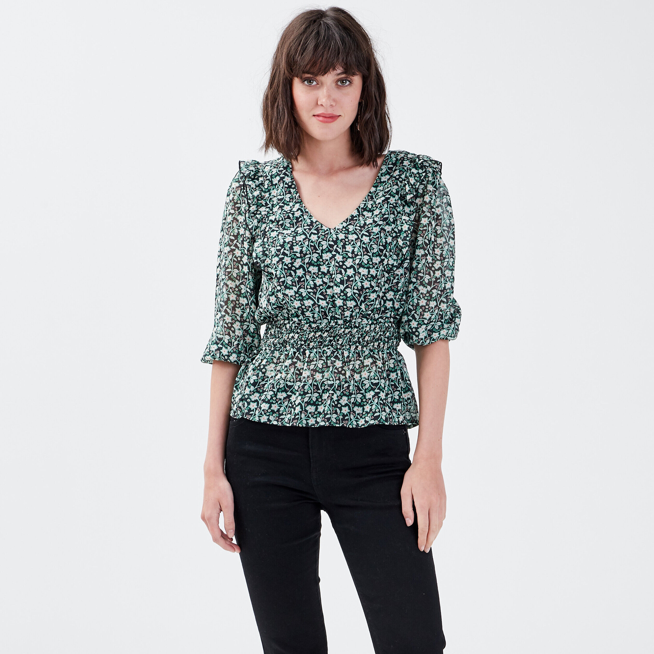 Blouse manches 3/4 noir femme | Cache Cache