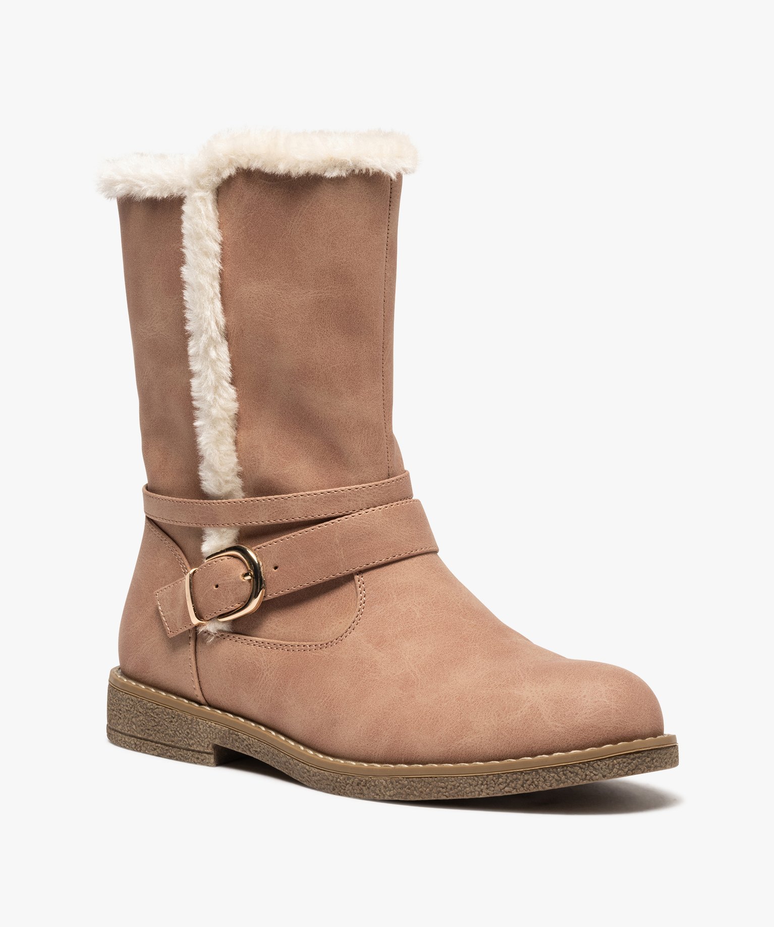 Boots fourrées femme plates unies avec bride décorative rose | GEMO