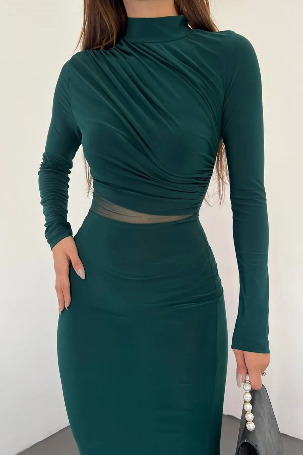 lovebox  Flexibles, sandiges Tüllgewebe, tiefer Ausschnitt, detaillierter hoher Kragen, lange Ärmel, mittellanges, smaragdgrünes Bleistiftkleid 10957