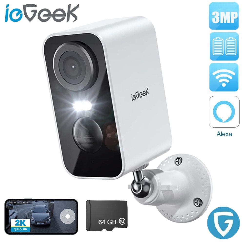ieGeek 2K 3MP Überwachungskamera Aussen Akku Mit 64GB SD Karte Überwachungskamera (Aussen, Außenbereich, außen/innen, mit farbige 10m Nachtsicht, PIR-Bewegungserkennung, IP65,2-Wege Audio,2,4 GHz,Intelligente AI-Erkennung, Erkennungszeit einstelle, M