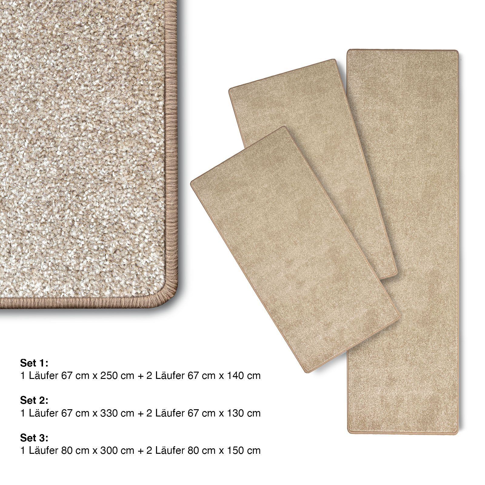 Hochflor-Bettumrandung Lyon Beige 73, 3 Größen, Teppichläufer, ideal im Schlafzimmer Floordirekt, Höhe 10 mm, (3-tlg), Velours