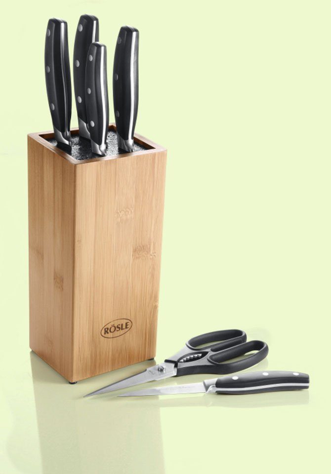 RÖSLE Messerblock Cuisine (7tlg), aus Bambusholz mit 5 Messern und Küchenschere, Klingenspezialstahl