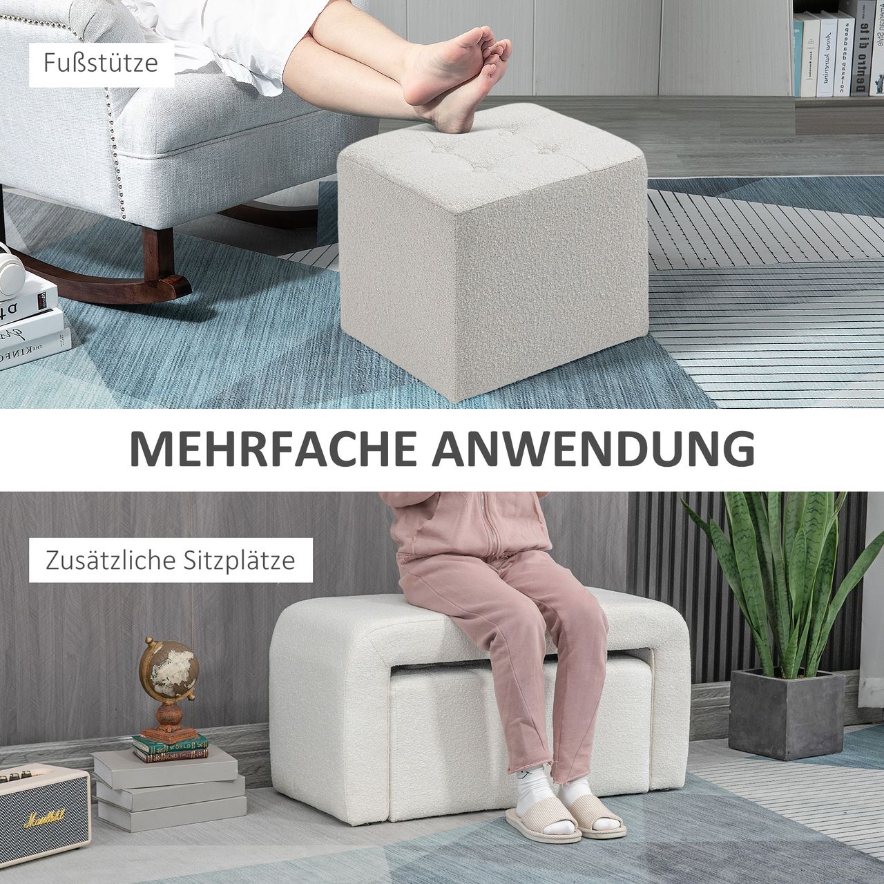HOMCOM Fußhocker 3 tlg.,Sitzhocker, Ottomane mit 3 Hockern, Fußstütze, Weiß