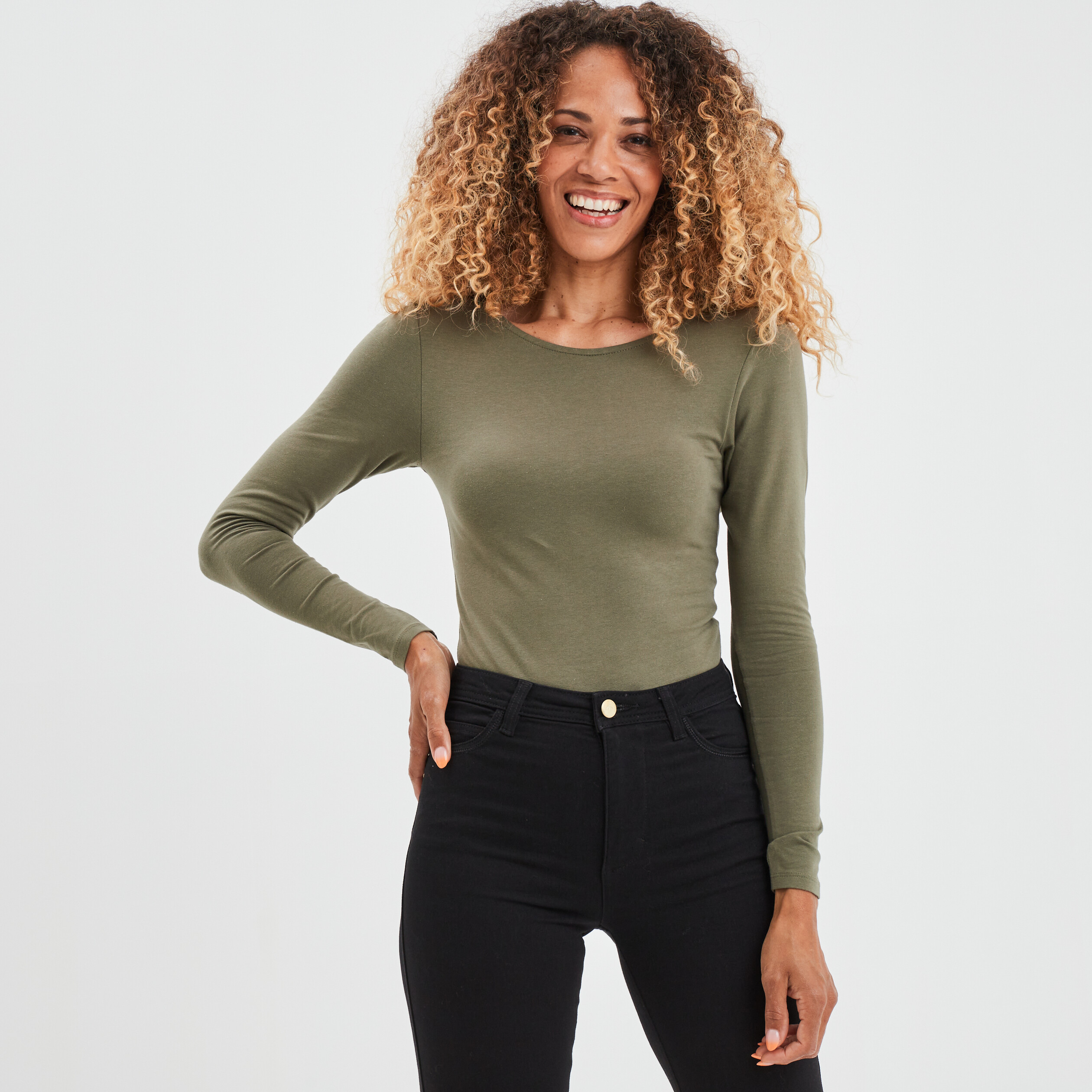 Body dos ouvert mnches longues coton vert kaki femme | La Halle