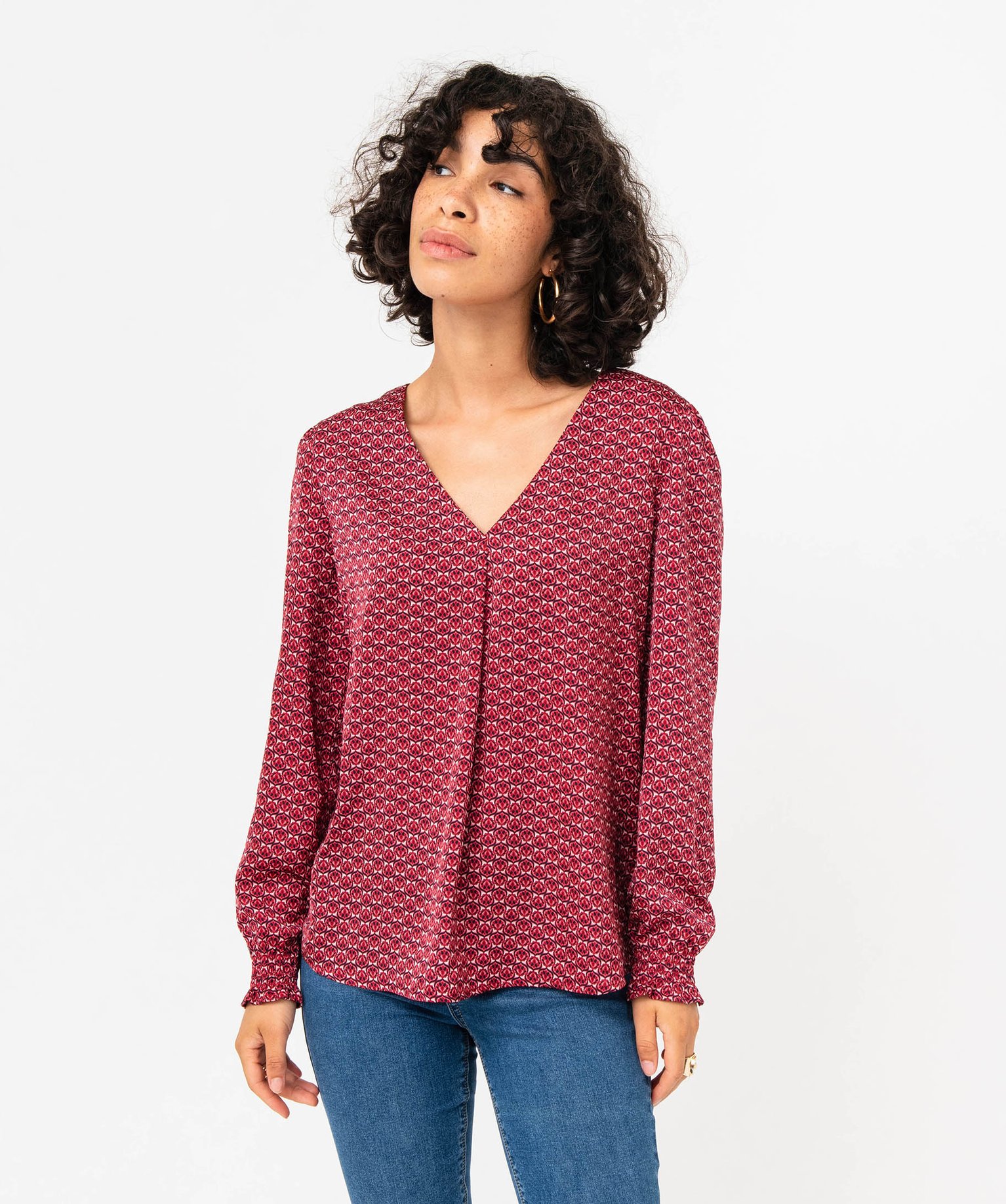 Blouse imprimée à manches longues avec col V femme imprime | GEMO