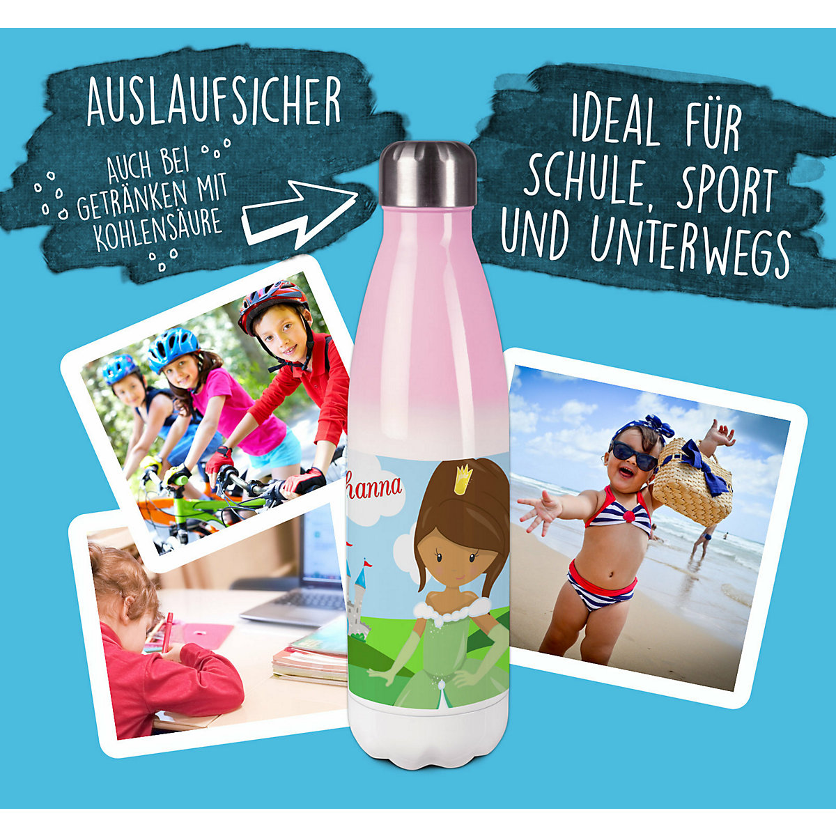 Edelstahl Kinder Thermoflasche / Trinkflasche bunt Prinzessin Spülmaschinenfest, Auslaufsicher, Bruchfest, Doppelwandig, Für Heißgetränke geeignet, Mit Deckel, Isoliert