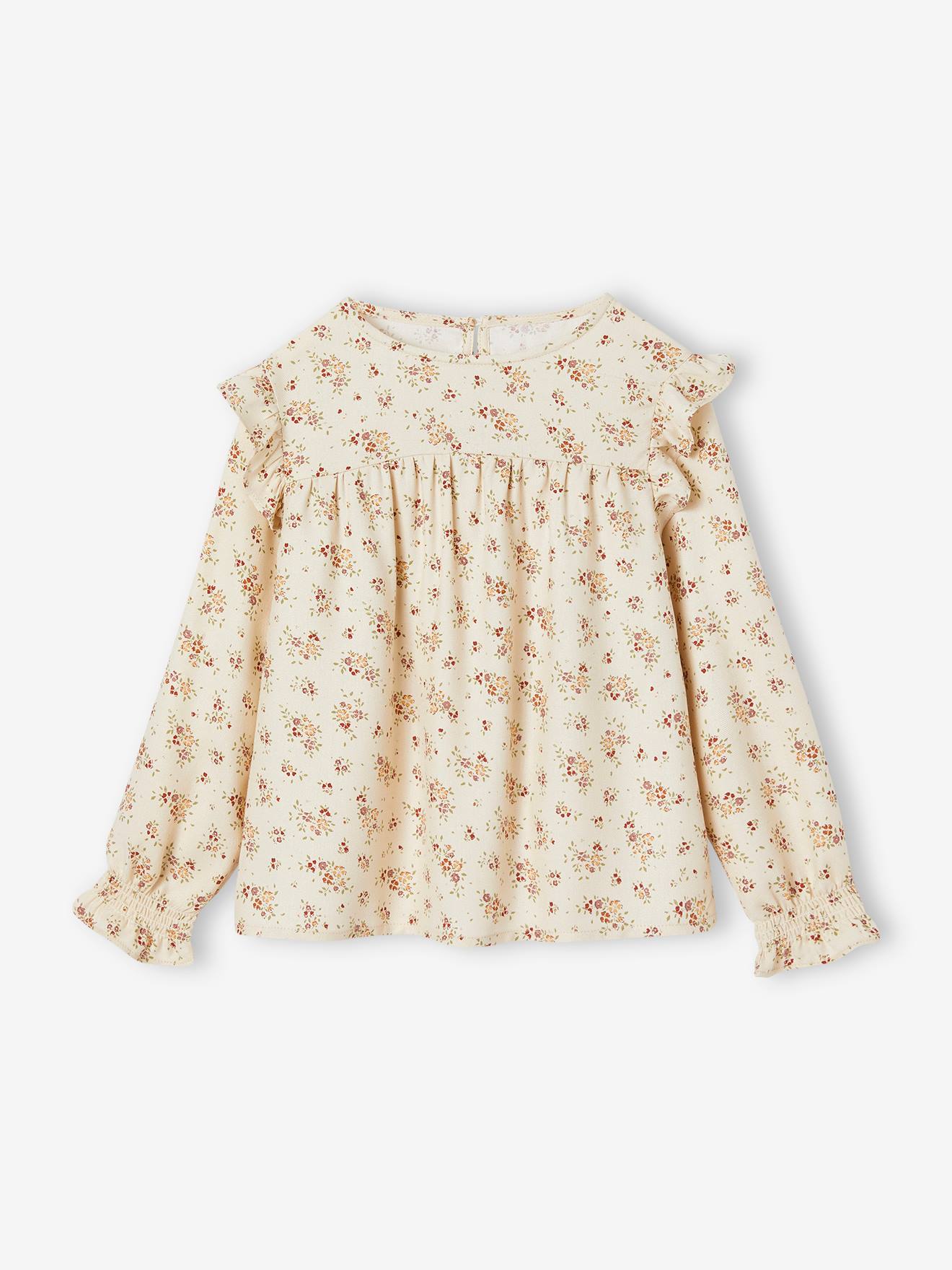 Blouse fleurie fille manches volantées bleu grisé